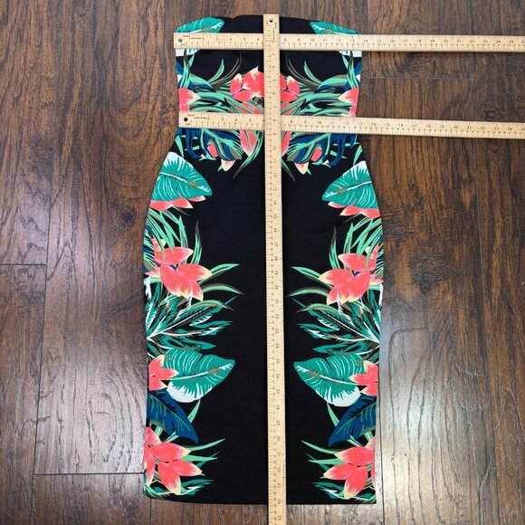 Express Bodycon Dress 4 Strapless Black Tropical Floral Stretch Knee-Length - Picture 7 of 11